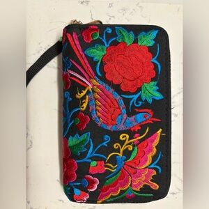 Embroidered Bird & Floral Zip Wallet - Black with Bright Multicolor Stitching